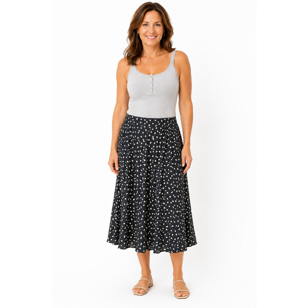 Ann Taylor Loft Gray White Side Zip A-Line Midi Skirt Rayon Lightweight sz 6